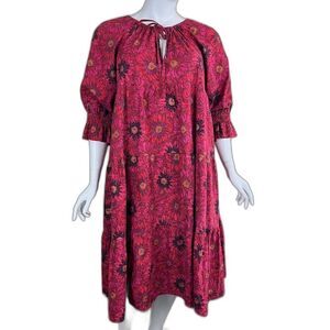 Coco + Jase Custom Womens Size XL Red Floral Cotton Pullover Midi Dress Art Boho